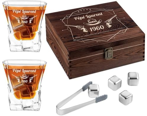 Maverton 8 Pierres à Refroidissement & 2 Verres gravés pour Homme | Verres à Whisky 250 ML dans la boîte Personnalisée en Bois, Cadeau pour Whiskey connoisseurs, Armes à feu