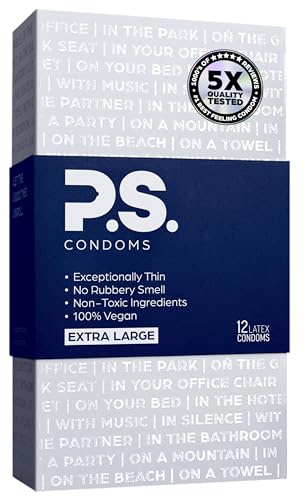 PS Condoms Extra Large Latex Condoms for Men - Odorless and 100% Vegan - Exceptionally Thin, Lubricated, and Clear Condoms - XL 12 Pack