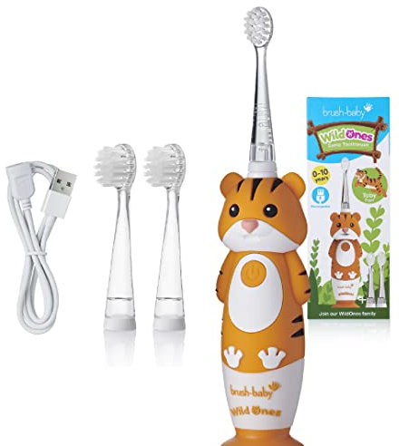 Brush-Baby - Kids Rechargeable Electric Toothbrush, 0-10 Years - WildOnes, Tiger Design with Flashing Lights - DeepClean Bristles for Superior Clean - 2X Replacement Heads, 1x USB Cable