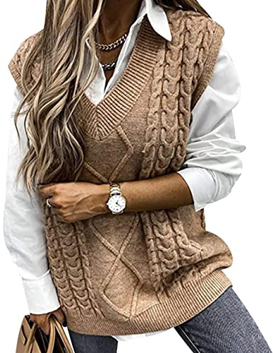 Pull Sans Manche Femme Col V Gilet Maille Tricot Tricoté Pullover Chandail Large Fine Kaki XL