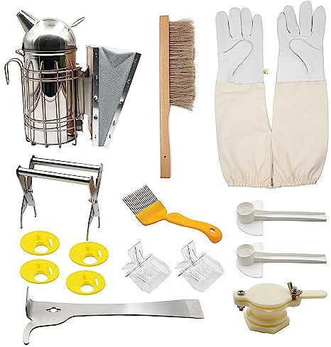 MOGOULUA 15 Stück Imker Werkzeug Set Imker Einsteiger professionelles Set Imkereizubehör Bienenbesen Edelstahl Smoker Imker Handschuhe Bienen Markierungs Werkzeug Bee Feeder (15-01)
