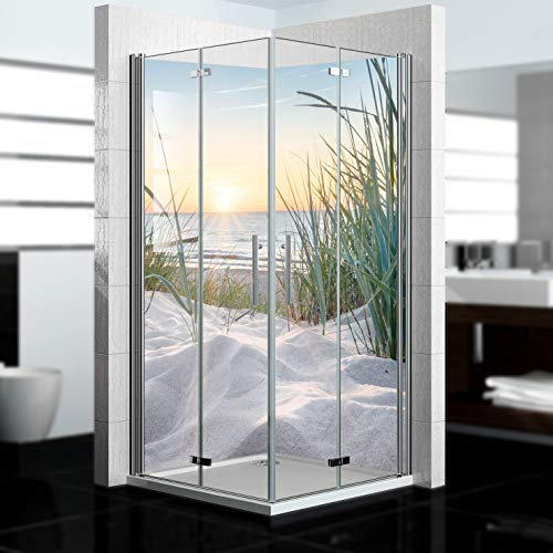 dedeco Paroi de douche d'angle imperméable Motif : lever de soleil V1, vernis UV mat, 2 x 100 x 200 cm, paroi arrière de salle de bain pour remplacement du carrelage, mur décoratif, revêtement mural