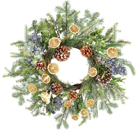 XL 20” Christmas Wreath Natural Pine Cone, Dried Orange Slice & Blueberry Artificial Xmas Indoor/Outdoor Front Door Wreath Garland Decoration (DB90)