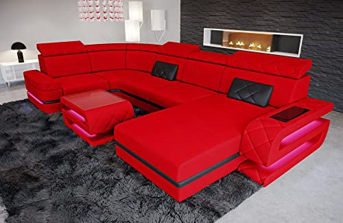Sofa Wohnlandschaft Bologna - mit LED Beleuchtung, verstellbare Kopfstützen, Recamiere/Mikrofaser/Ausrichtung wählbar (Ottomane rechts, Schwarz-Rot)