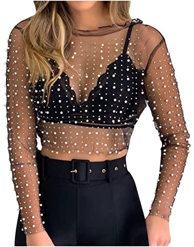 2023 Camiseta de Manga Larga Mujer Moda Malla Transparente Sexy Blusa Camisa Cuello Redondo Crop Tops Fiesta Casual T-Shirt Original otoño Primavera tee Cómodo Jersey Club