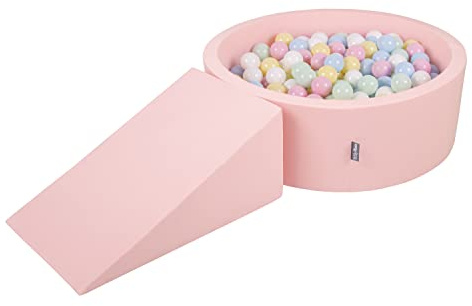 KiddyMoon Lekplats i skum med runt bollhav (200 bollar), bollhav för spädbarn, lekbad, hinderlöpning, tillverkad i EU, rosa/ pastellblå/pastellgul/vit/mint/puderrosa