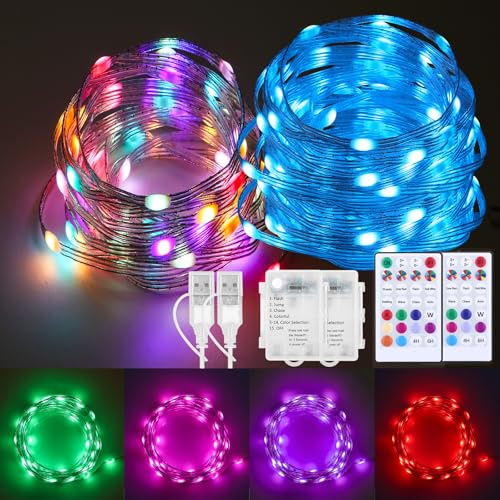 ooklee Fairy Lights Battery Operated Color Changing with Remote, 16.4FT | 2 Pack Waterproof Twinkle String Lights Battery Powered USB,Outdoor Christmas Decorations Bedroom Wedding Party Indoor