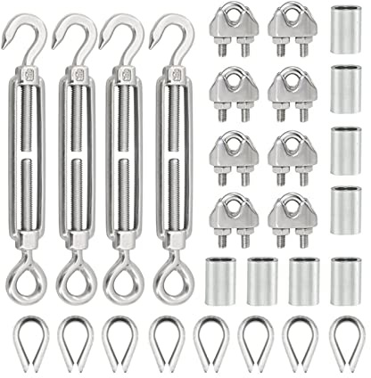 ELSAIL 304 Stainless Steel Turnbuckle M5 Wire Rope Tension Tensioner Strainer And M3 Wire Rope Clips For 1/8 Inch Railing Kit Hardware Accessories