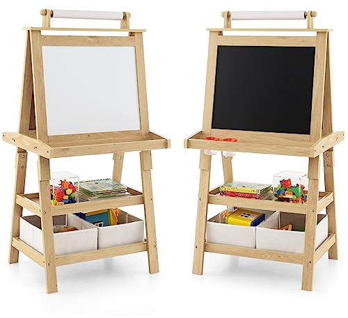 DREAMADE doppelseitige Kinder Staffelei aus Holz, Kinderstaffelei mit Ablage, Kindertafel mit Papierrolle Whiteboard und Kreidetafel, inkl. 2 Stoffboxen (Natur)
