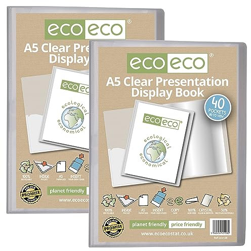 eco-eco Präsentationsbuch, A5, 50% recycelt, 40 Taschen, transparent, Aufbewahrungsbox, Portfolio-Kunstmappe mit Kunststoffhüllen, 2 Stück, eco128 x 2