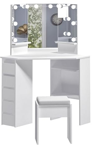 Panana Corner Dressing Table with LED Light, Vanity Table with 5 Drawers and Stool, Makeup Table for Home Furnature (White)
