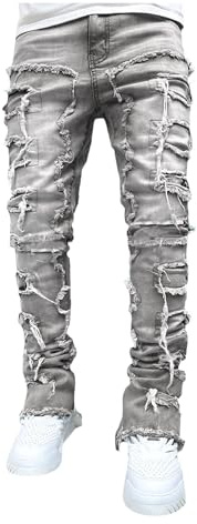 Dressnu Jeans - Pantalones rectos elásticos rasgados para hombre, diseño rasgado, Gris, Small
