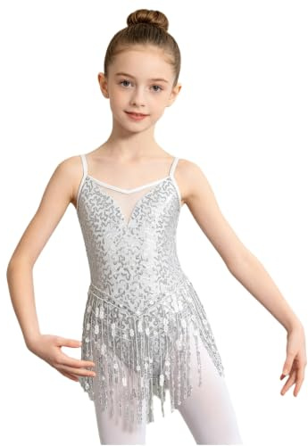 Jugaoge Mädchen Pailletten Tanzkleid Latein Leotard mit Fransen Rumba Samba Salsa Jazz Kleider Spaghettiträger Body Quaste Rock