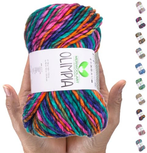 MeriWoolArt Merino Wolle zum Stricken – 100 m Mehrfarbige Dicke Weiche Merinowolle zum Stricken für Pullover Jacken – XXL Handstrickwolle – Voluminöse DIY Wolle für Schals Decken Tücher Geschenke