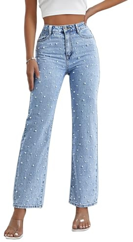 Kedera Women Pearls Beaded Flare Leg Jeans Loose Fit Stretchy Casual Straight Jeans Denim Trousers