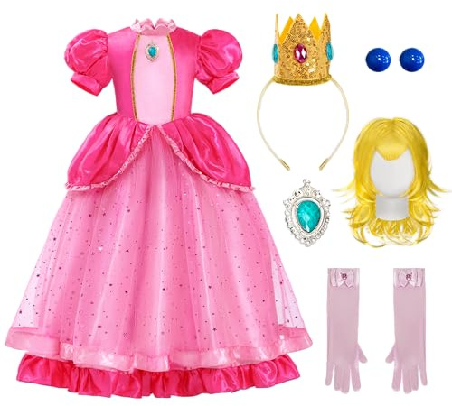 Spooktacular Creations 5 Pezzi Abito da Principessa Ragazza, Costume Rosa Pesca con Parrucca, per Compleanno, Cosplay, Festa di Halloween.(Medio (8-10 Anni))