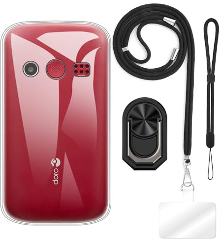 Case Accessory Bundle for Doro 1380 - Clear+Black | 2.4 4-in-1 Combo Includes TPU Cover, Crossbody/Neck Lanyard, Wrist Strap and Finger Ring Stand