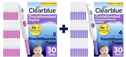 Clearblue Kinderwunsch Ovulationstest Kit, 60 (30 Digital + 30 Fortschrittlich) Ovulationstests zur Identifikation von 2 bis 4+ fruchtbaren Tagen), 2 Digitale Testhalter, Fruchtbarkeitstest für Frauen