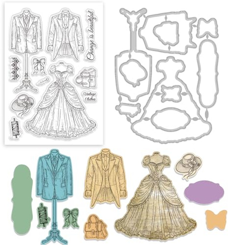 GLOBLELAND Transparenter Stempel Mit Vintage Kleidung Anzügen Stanzformen Set Kleider Kleid Silikon Transparentstempel Metall Fliege Stanzungen Für Kartengestaltung Und DIY Prägungen Scrapbooking