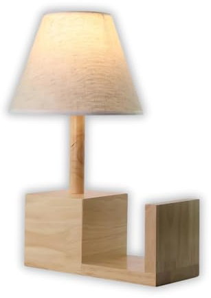 ENOVALITE, Moderne Tischleuchte aus Holz mit Buchablage und Stoffschirm | 30x40x22cm, BxHxT, E27 Fassung, Tischlampe Leseecke Nachttisch Bücher