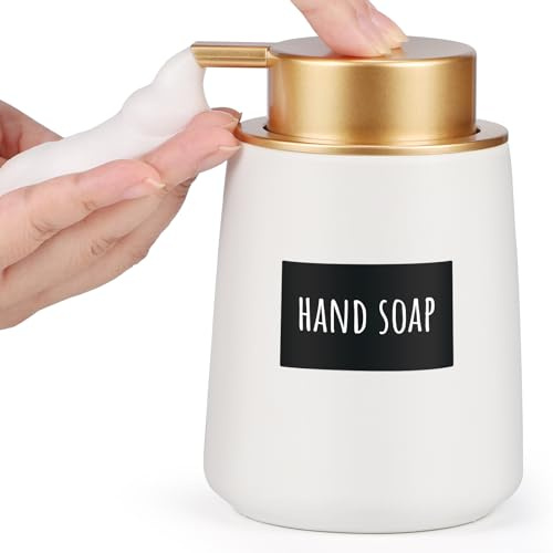Segbeauty Seifenspender Schaum, 360ml Seifenspender Weiß, Shampoo Flaschen zum Befüllen, aus Keramik, mit Etiketten, für Handseife, Shampoo, Duschgel