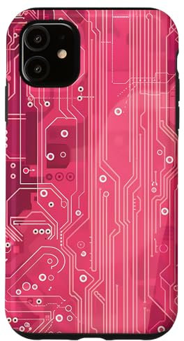 Coque pour iPhone 11 Motif carte mère circuit rayé Art déco rose