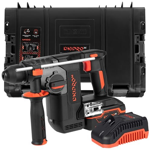 Dnipro-M Taladro Percutor a Bateria DHR-202BC ULTRA 20V 4Ah con Bateria Recargable 20V 4Ah y Cargador Rápido, Martillo Perforador con Portabrocas SDS+, Taladro Profesional con Caja de Herramientas