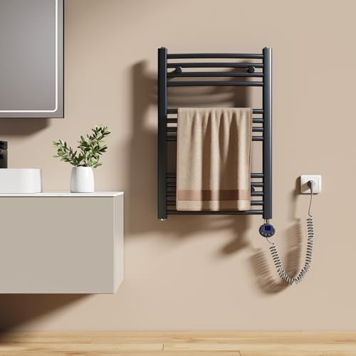 EMKE Scaldasalviette Elettrico per Bagno 75 x 50 cm, Radiatore Curvato con WIFI Termostato, Scaldasalviette Elettrico, Supporto Porta-Asciugamani, Antracite, 300 Watt