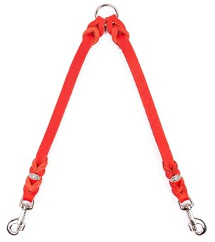CopcoPet Fettleder-Doppelleine 30 cm x 10mm Rot – Koppel & Zwillingsleine für 2 Hunde – Robuste Verbindung mit 2 verchromten Karabinern – Geflochten & langlebig – Für kleine Hunde