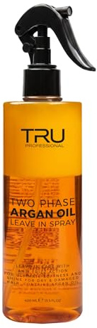 TRU Two Phase Argan Oil Leave-In Spray Conditioner, 400ml | Arganöl und Panthenol, für trockenes Haar, bessere Kämmbarkeit, Geschmeidigkeit und Glanz, ohne Ausspülen