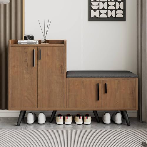 Zapatero Moderno con Banco, Bancos Acolchados Zapatos, Mueble Zapatero para Entrada Recibidor con 4 Puertas de Almacenamiento, Manijas de Metal Asimétricas, L120/D34/H82, Veta de Madera/Nogal Negro