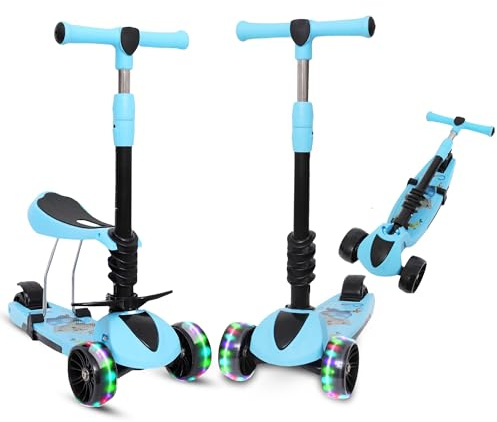 Habib 3-in-1 Kinderroller mit Sitz - Dreirad Tretroller, Faltbar, Höhenverstellbar, LED Räder, Kinderroller ab 3 Jahren (Bis 50kg)