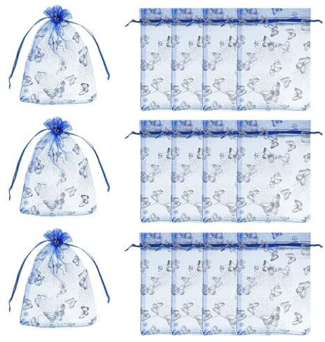 PATIKIL Sacchetti Di Organza, 100 Pezzi 13 X 18cm Bustine Di Rete Per Caramelle Con Cordino Farfalle Bustine Regalo Gioielli Per Matrimonio, Blu Zaffiro Argento