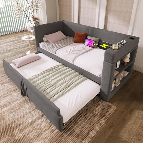 ANIROY Schlafsofa 90x200cm, Einzelbett/Doppelbett mit USB und Type-C-Ladeanschluss, Polsterbett Daybett Tagesbett Sofabett mit Ausziehbett und Lattenrost, Leinen, ohne Matratze, Grau