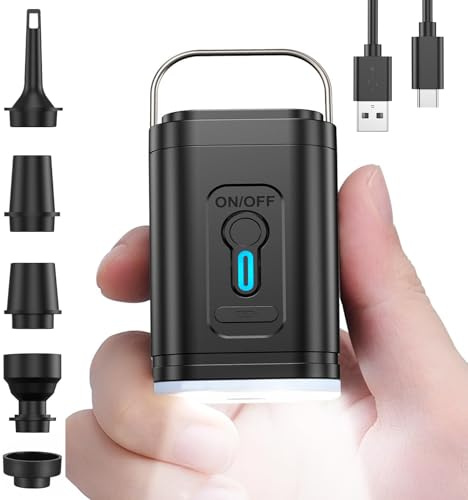 Mini Elektrische Luftpumpe für Luftmatratze, LED Campinglampe & Wiederaufladbarem 1200mAh Akku, 5 Luftdüsen, Schnellfüllpumpe mit Aufblasen&Absaugen, für Luftbett, Pool, Schwimmring&Vakuumbeutel (BK)