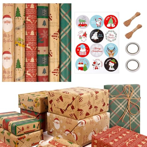 JOYSAL Set di 6 Rotoli Fogli di Carta Kraft da Regalo Natalizia, 43 x 300 cm Carta Natalizia Riciclata, Ecologica per Le Festività Natalizie