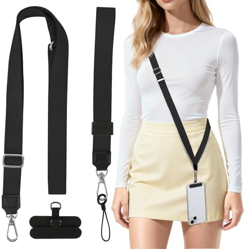 HONZUEN Adjustable Phone Lanyard, Universal Lanyards for Neck, Phone Wrist Strap with 2 Patches, Crossbody Neck Strap for Most Smartphones, Black