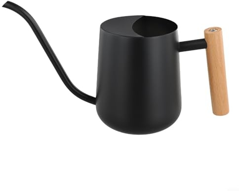 Yuanpgky Arrosoir en acier inoxydable avec long bec et poignée en bois 1000 ml pour plantes d'intérieur et d'extérieur, bonsaï, jardinage, noir élégant