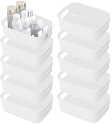 SHEPIN 10 Stück Aufbewahrungsbox Kunststoff Organizer Box Weiß, Organizer Boxen mit Griff, Bad Aufbewahrungsboxen Plastik Aufbewahrungskorb & Behälter Kunststoffkorb für Badezimmer Kosmetik