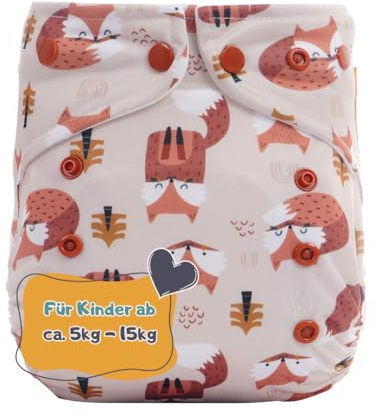 All in One Windel One-Size, einfach wie eine Wegwerfwindel | mit eingenähten Saugmaterial, Rundum Sorglos Stoffwindel, ca. 5-15kg, kein Hantieren mit Saugeinlagen, Fox in the woods