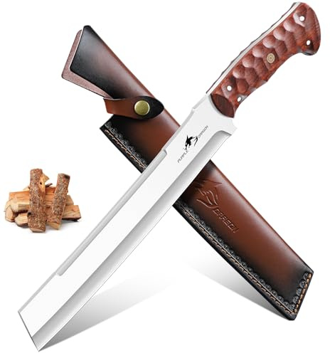 Purple Dragon Großes Outdoor Messer mit Holzgriff und Scheide - D2 Stahl | Aus einem Stück D2 Stahl handgeschmiedet, durchgehender Holzgriff, Scharf, Bushcraft, Camping, Gartenarbeit, Männergeschenk