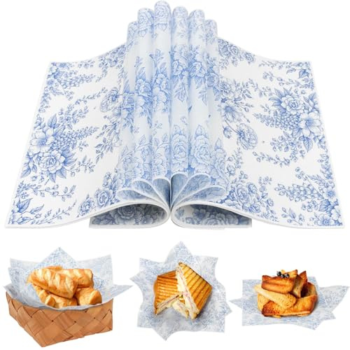 Huniee 150 Feuilles Papier Emballage Alimentaire, 22 × 25cm, Emballage sandwich Anti-Graisse, Feuilles de Cuisson Résistant a la Graisse, Papier Sulfurisé pour Sandwich, Burger, Frites (Style fleur)