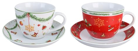 Villa Altachiara Tazze Colazione Joy, Set 2 Pezzi in Porcellana con Piattino (1 Bianca + 1 Rossa) – Tazze da Tè con Decorazioni Natalizie, Design Elegante e Idea Regalo Natale Raffinata