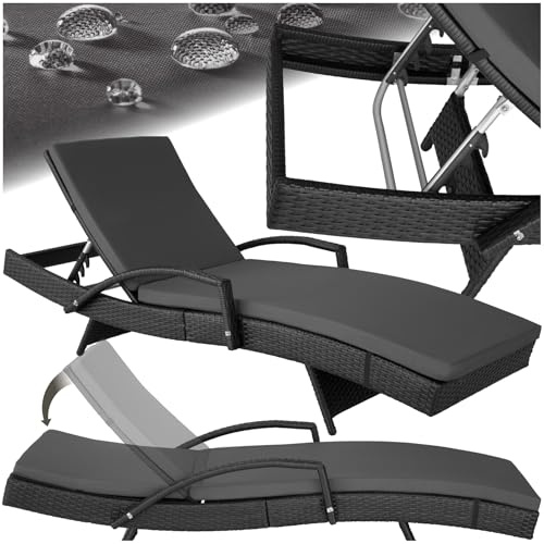 tectake® Tumbona Jardín Exterior de Ratán y Aluminio, Tumbona de Piscina con Respaldo Regulable en 5 Posiciones, Tumbona de Playa Impermeble y Resistente a Intemperie, Fácil Limpieza - Negro
