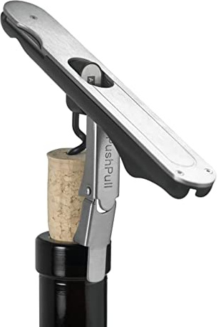 AdHoc PushPull Corkscrew Wine Opener - Multi-Purpose Stainless Steel Bottle Opener - Wine Opener with Foil Cutter & Coated Spiral Corkscrew - Integrated Bottle Cap Opener - Wipe Clean Only