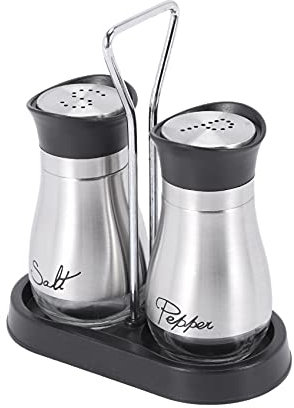 Midream Salt and Pepper Shakers Set - High Grade Steel with Glass Bottom and 4 inch Stand - 4 inch x 6 inch x 2 inch, 4 Oz.