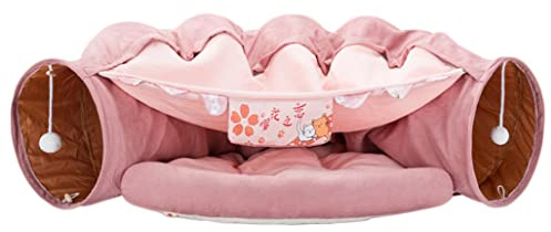 2 in 1 Cat Tunnel Bed Tube with Cushion and Plush Ball Toy Playground Crinkle Collapsible for Large Cats Kittens Kitty Puppy Small Dog Foldable Soft Pet Play Bed Indoor Outdoor- Pink Cat Tunnel Bed