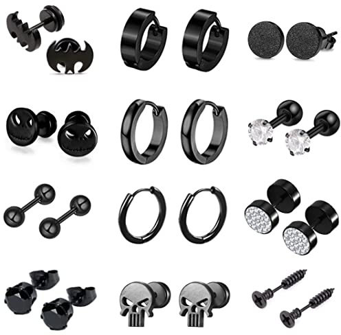 HDHDFDN 12 Pairs Punk Men's Earrings Set, Black Skull Studs & Hoop Earrings for Eboys, Hypoallergenic Cool Flatback Screw Ear Piercings Jewelry
