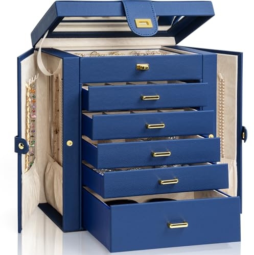AKOZLIN Grande boîte à bijoux fonctionnelle et verrouillable avec grand miroir pour femmes et filles, coffret de rangement en cuir pour bagues, colliers, boucles d'oreilles, bracelets, bleu