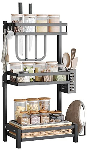 NETEL Supporto Porta Spezie da Appoggio a 3 Livelli, Antiruggine Mensola Portaspezie Ripiani Salvaspazio Organizer per Cucina con portacoltelli, portatagliere e portautensili, 32.5 * 20 * 60cm, Nero
